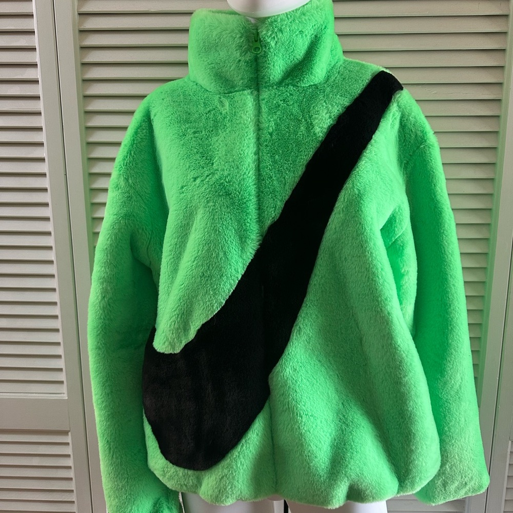 Nike Sportswear Jacket - Faux Fur Florescent Green Sherpa with oversized Swoosh